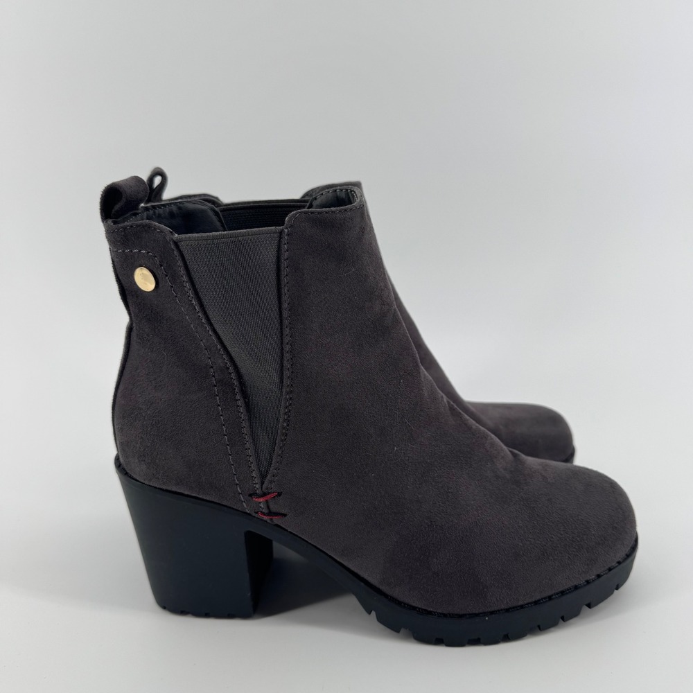 Dark Grey Faux Suede Women 6 Ankle Boot Block Lug Heel Elastic Goth Grunge Core